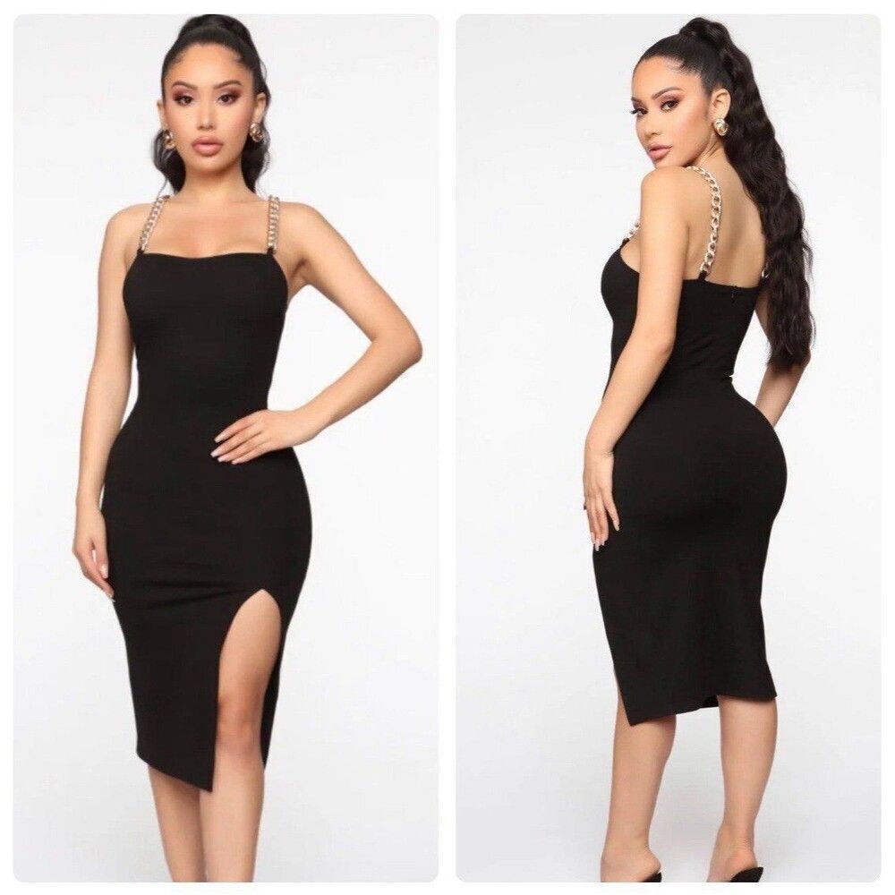 Fashion Nova NWT Black Side Slit Gold Chain Strap Midi Dress Quiet Luxury Formal